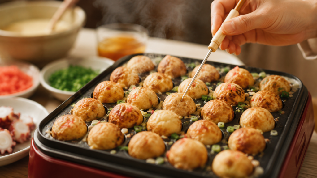レンタルした家庭用たこ焼き器でたこ焼きを焼いている様子