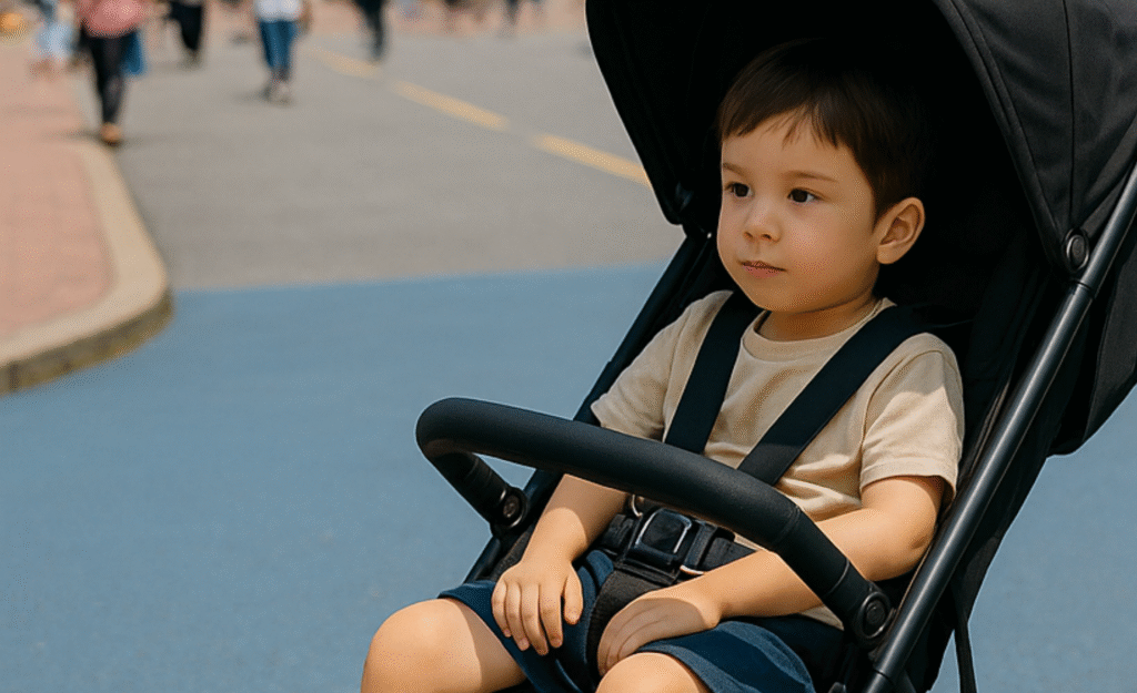 ベビーカーに乗る4歳児
