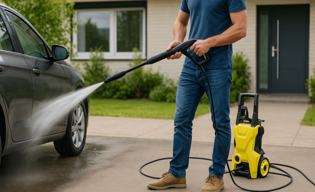 高圧洗浄機で洗車している男性